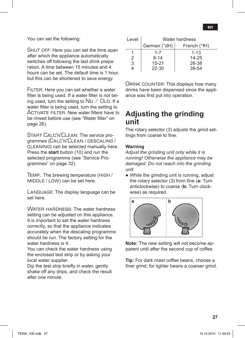 Adjusting the grinding unit, Shut off, Filter | No / old, Activate filter, Start calc‘n‘clean, Calc‘n‘clean, Descaling, Cleaning, Temp | Siemens TE506501DE User Manual | Page 31 / 84