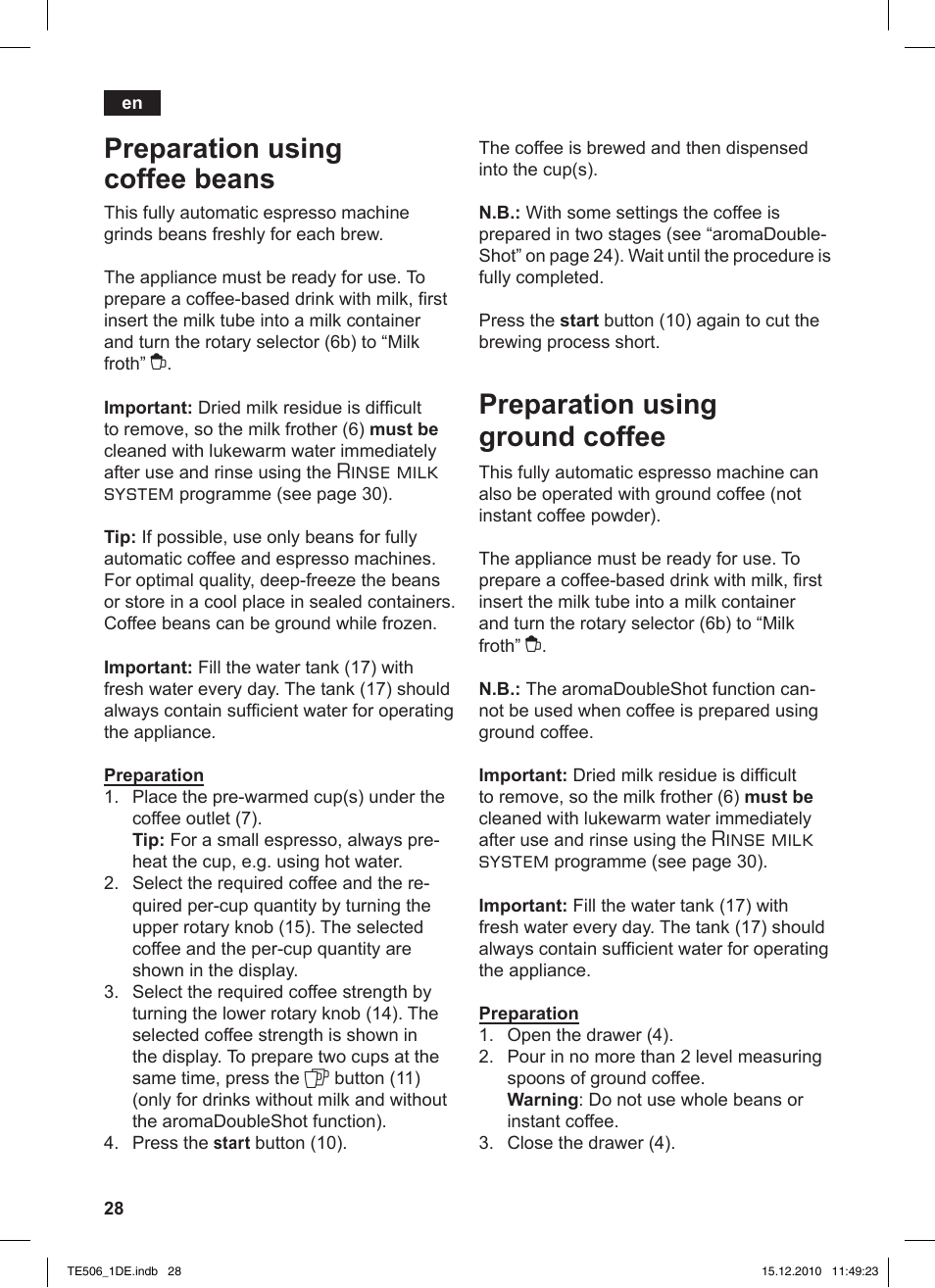 Preparation using coffee beans, Preparation using ground coffee, Rinse milk system | Siemens TE506501DE User Manual | Page 32 / 84