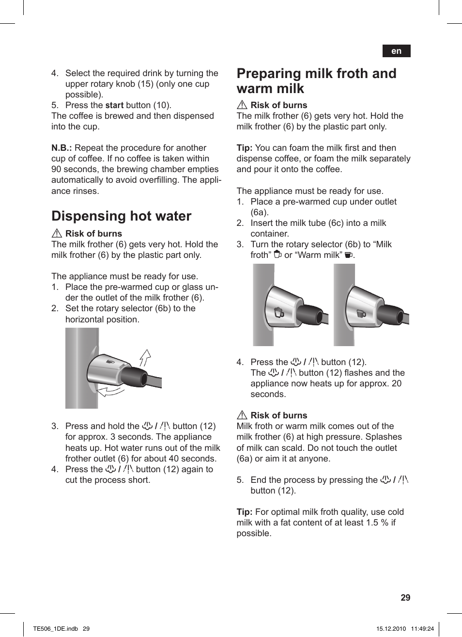 Dispensing hot water, Preparing milk froth and warm milk | Siemens TE506501DE User Manual | Page 33 / 84