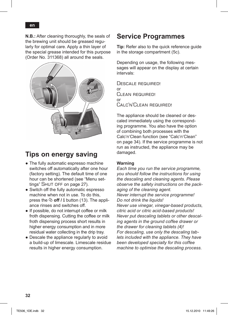 Tips on energy saving, Service programmes, Shut off | Descale required, Clean required, Calc‘n‘clean required | Siemens TE506501DE User Manual | Page 36 / 84