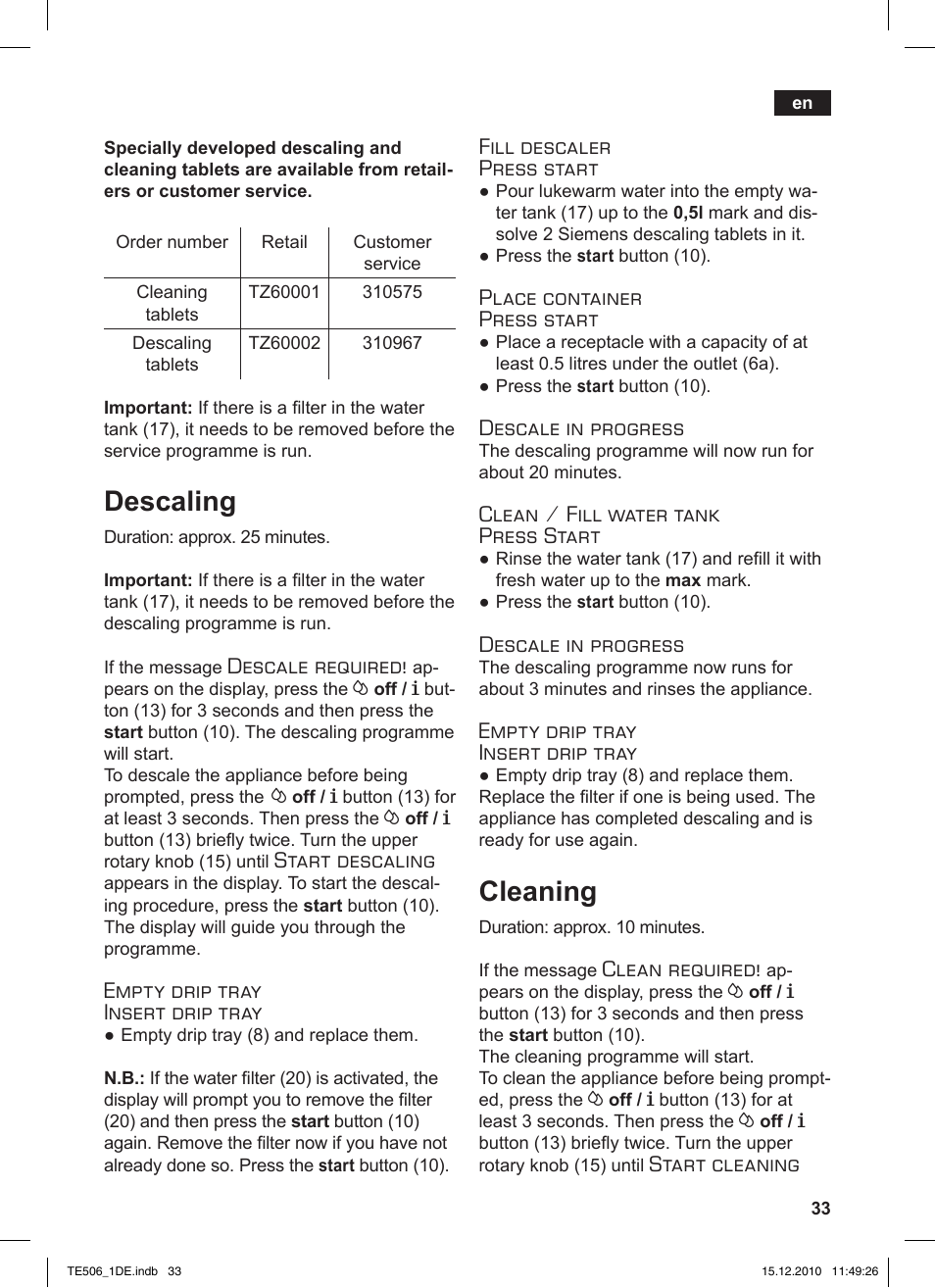Descaling, Cleaning | Siemens TE506501DE User Manual | Page 37 / 84