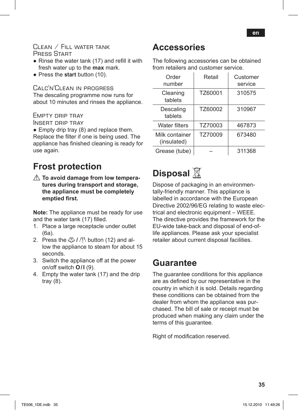 Frost protection, Accessories, Disposal | Guarantee, Clean / fill water tank press start, Calc‘n‘clean in progress, Empty drip tray insert drip tray | Siemens TE506501DE User Manual | Page 39 / 84