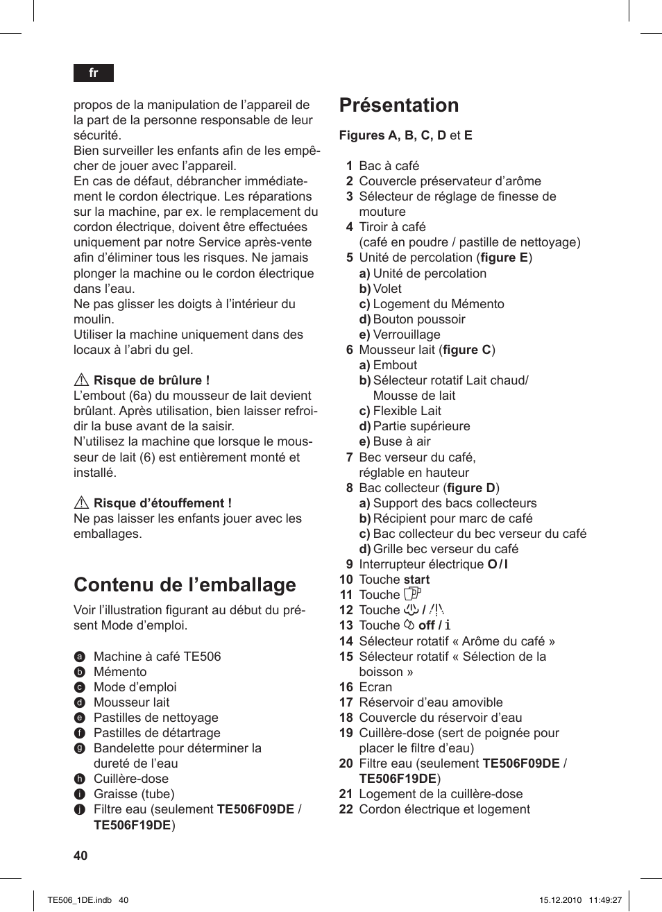 Présentation, Contenu de l’emballage | Siemens TE506501DE User Manual | Page 44 / 84