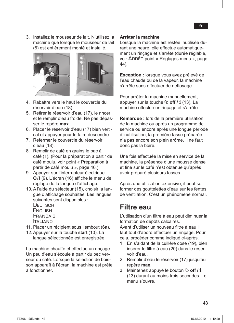 Filtre eau, Deutsch english français italiano, Arrêt | Siemens TE506501DE User Manual | Page 47 / 84