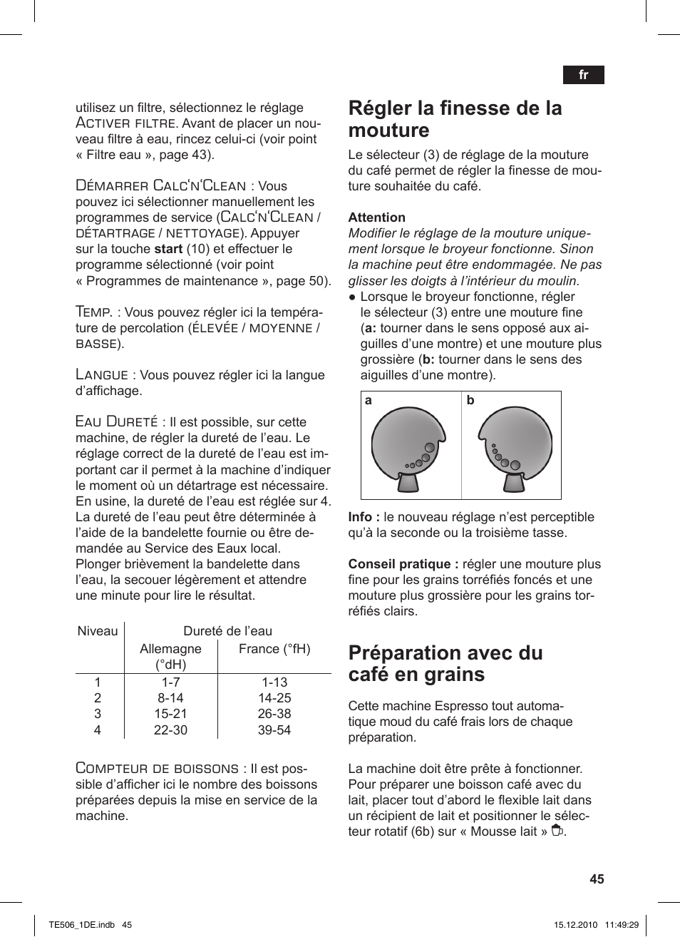 Régler la finesse de la mouture, Préparation avec du café en grains, Activer filtre | Démarrer calc‘n‘clean, Calc‘n‘clean, Détartrage, Nettoyage, Temp, Élevée, Moyenne | Siemens TE506501DE User Manual | Page 49 / 84