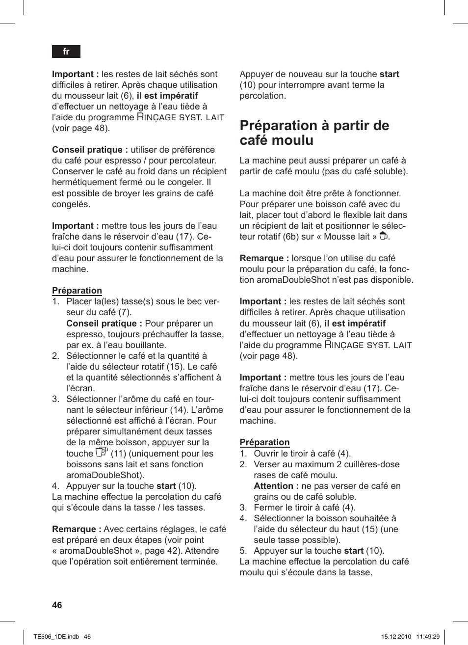 Préparation à partir de café moulu, Rinçage syst. lait | Siemens TE506501DE User Manual | Page 50 / 84