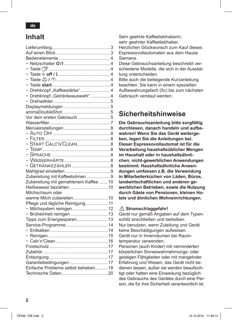 Sicherheitshinweise, Inhalt, Auto off | Filter, Start calc‘n‘clean, Temp, Sprache, Wasserhärte, Getränkezähler | Siemens TE506501DE User Manual | Page 6 / 84