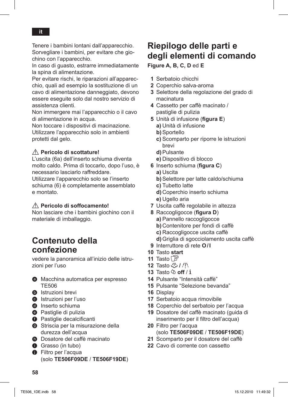 Riepilogo delle parti e degli elementi di comando, Contenuto della confezione | Siemens TE506501DE User Manual | Page 62 / 84