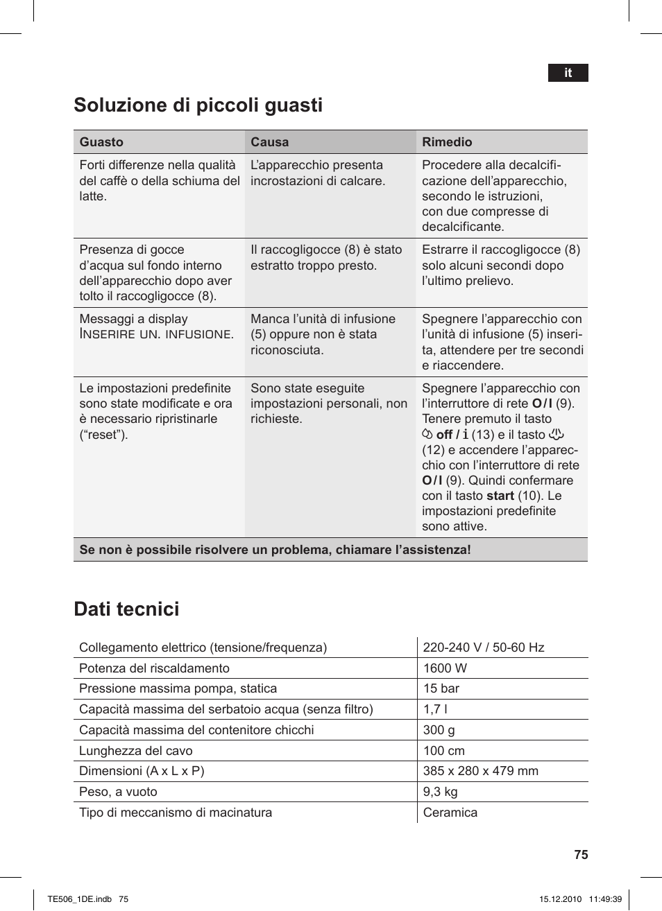 Soluzione di piccoli guasti dati tecnici, Inserire un. infusione | Siemens TE506501DE User Manual | Page 79 / 84
