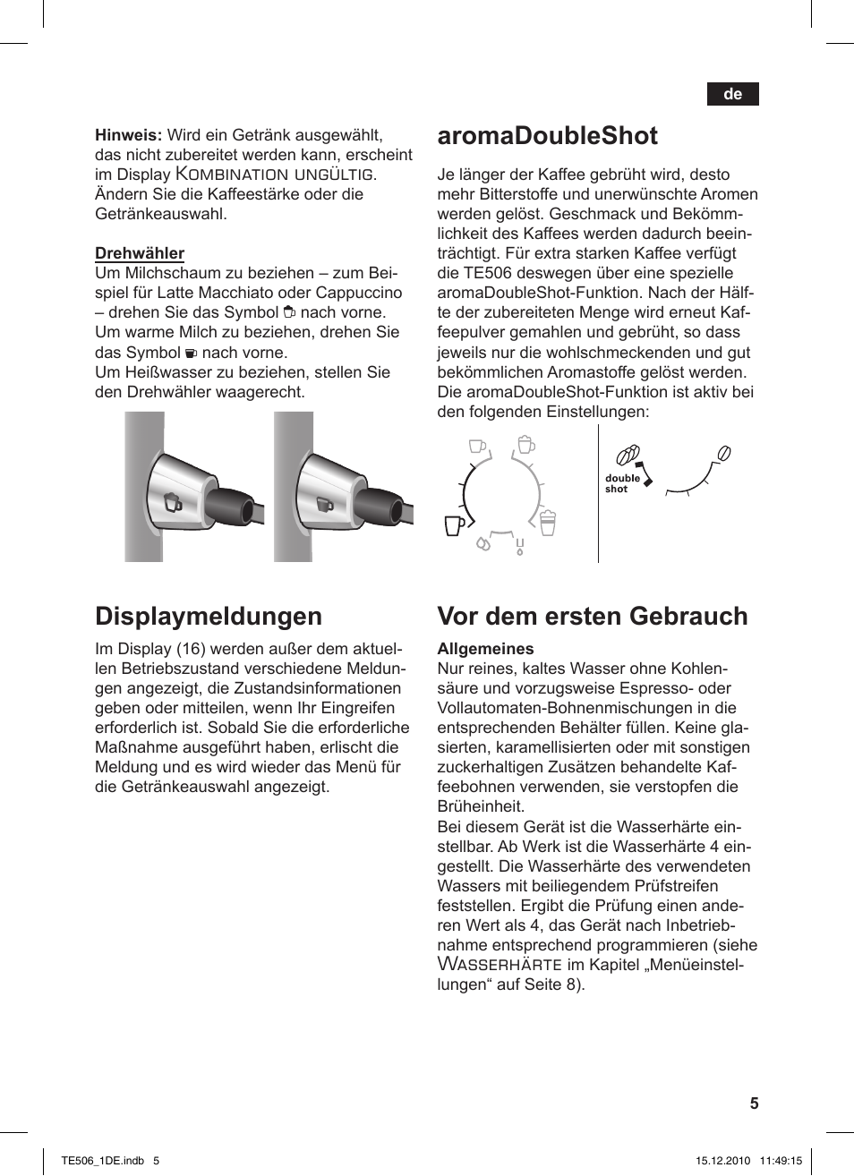 Displaymeldungen, Aromadoubleshot, Vor dem ersten gebrauch | Kombination ungültig, Wasserhärte | Siemens TE506501DE User Manual | Page 9 / 84