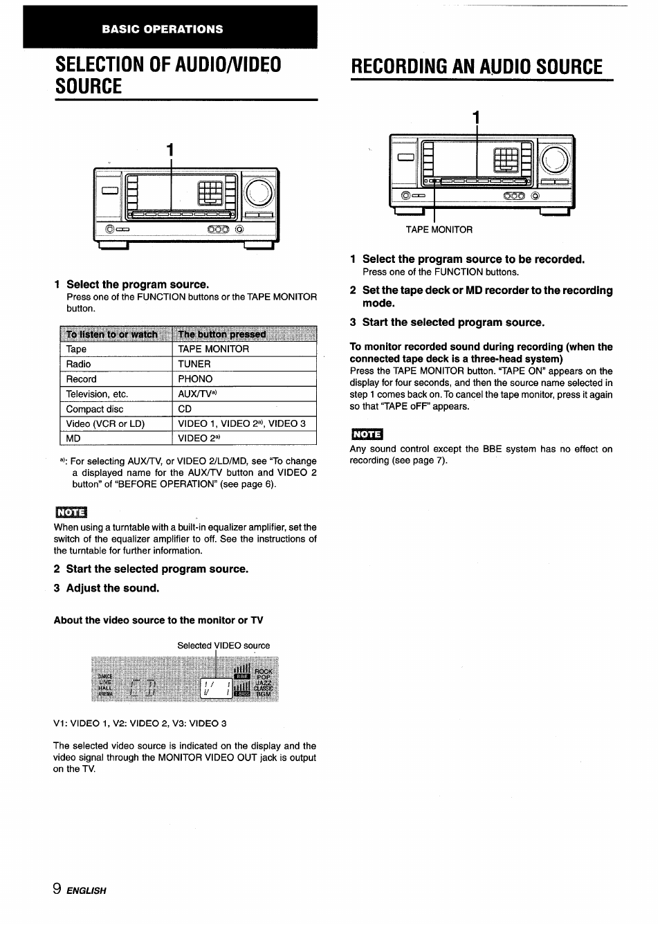 Basic operations, Selection of auoio/video source, Recording an audio source | 1 select the program source, 1 select the program source to be recorded, 3 start the selected program source, Note, 2 start the selected program source, 3 adjust the sound, About the video source to the monitor or tv | Aiwa AV-X120 User Manual | Page 10 / 52