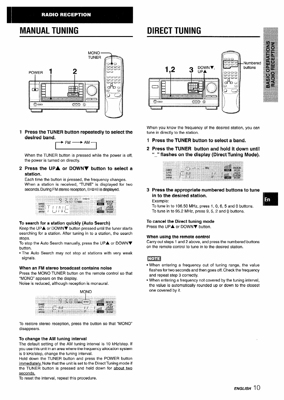 Manual tuning, Direct tuning, Press the upa or downv button to select a station | 1 press the tuner button to select a band, 2 press the tuner button and hold it down until, Hashes on the dispiay (direct tuning mode), To search for a station quickly (auto search), When an fm stereo broadcast contains noise, To cancel the direct tuning mode, When using the remote control | Aiwa AV-X120 User Manual | Page 11 / 52