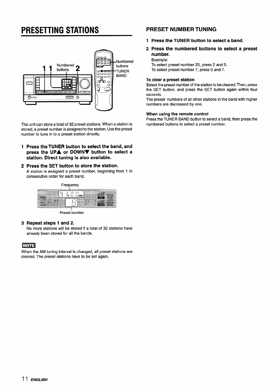 Presening stations, Preset number tuning, 1 press the tuner button to select a band | To clear a preset station, When using the remote control, 2 press the set button to store the station, 3 repeat steps 1 and 2 | Aiwa AV-X120 User Manual | Page 12 / 52