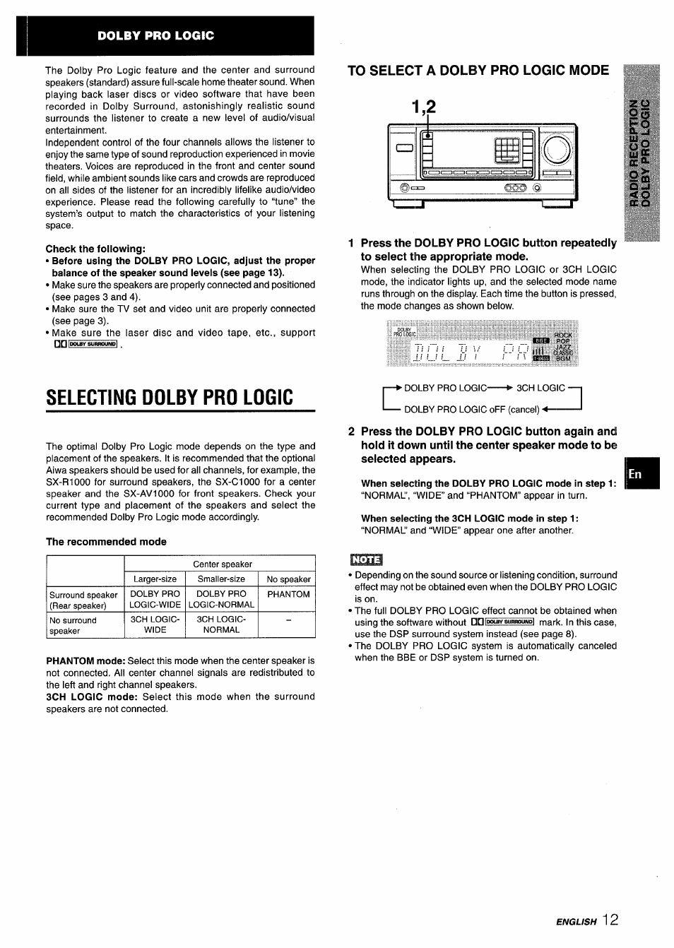 Check the following, To select a dolby pro logic mode, Selecting dolby pro logic | The recommended mode, When selecting the dolby pro logic mode in step 1, When selecting the 3ch logic mode in step 1 | Aiwa AV-X120 User Manual | Page 13 / 52