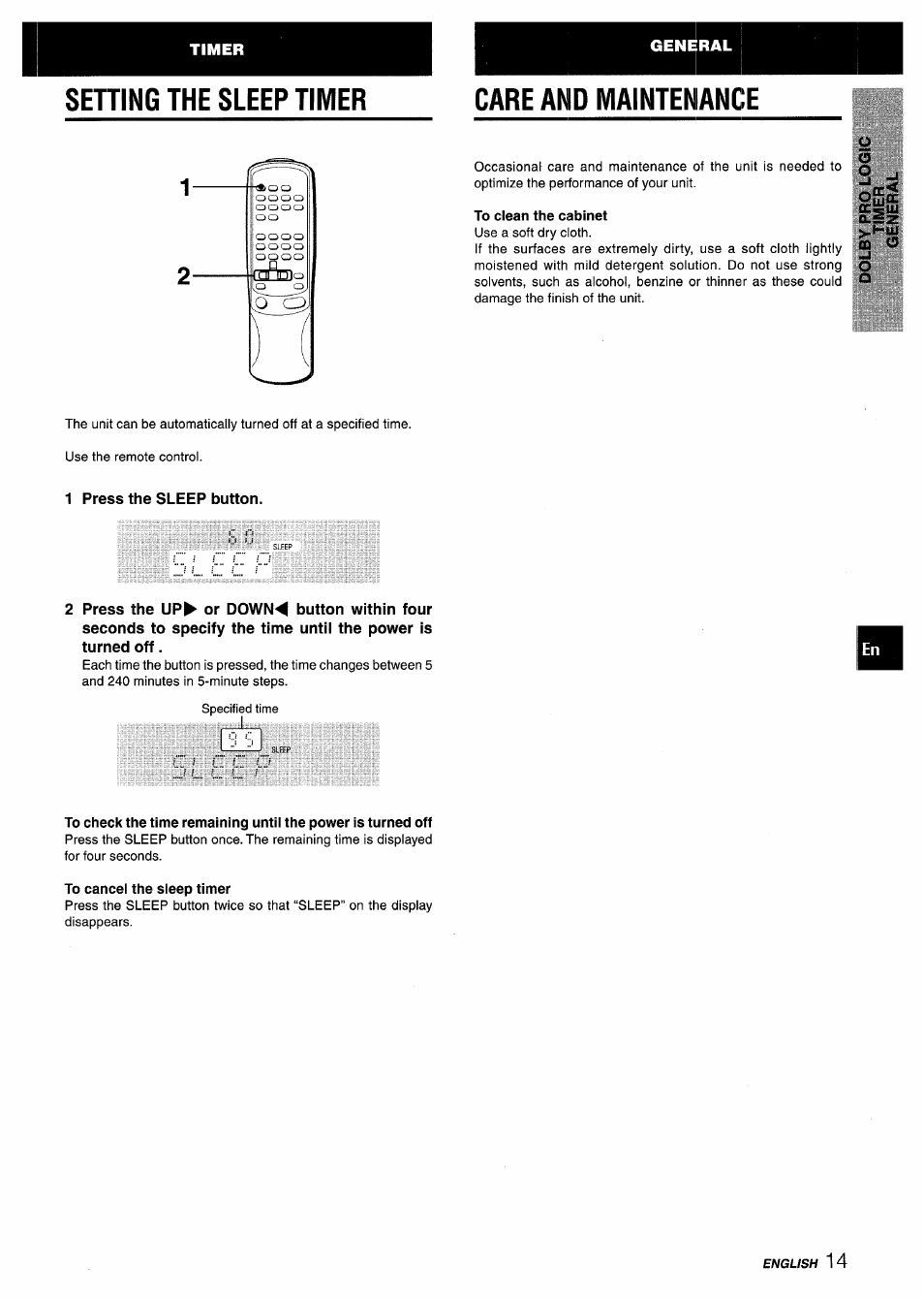 Sening the sleep timer, Care and maintenance, To clean the cabinet | 1 press the sleep button, To cancel the sleep timer, Sening the sleep timer care and maintenance | Aiwa AV-X120 User Manual | Page 15 / 52