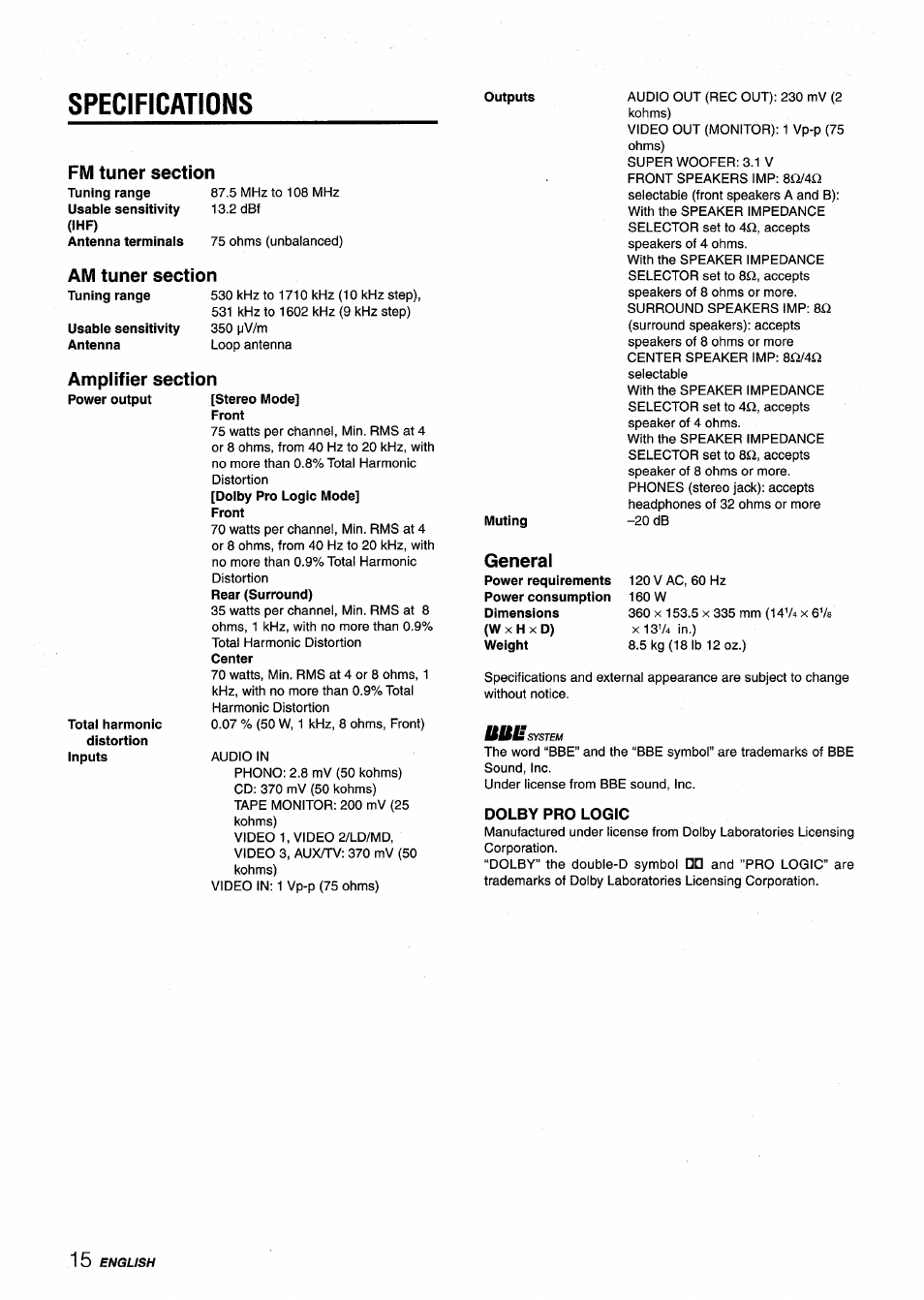 Specifications, Fm tuner section, Ihf) | Am tuner section, Ampiifier section, General, Dolby pro logic | Aiwa AV-X120 User Manual | Page 16 / 52