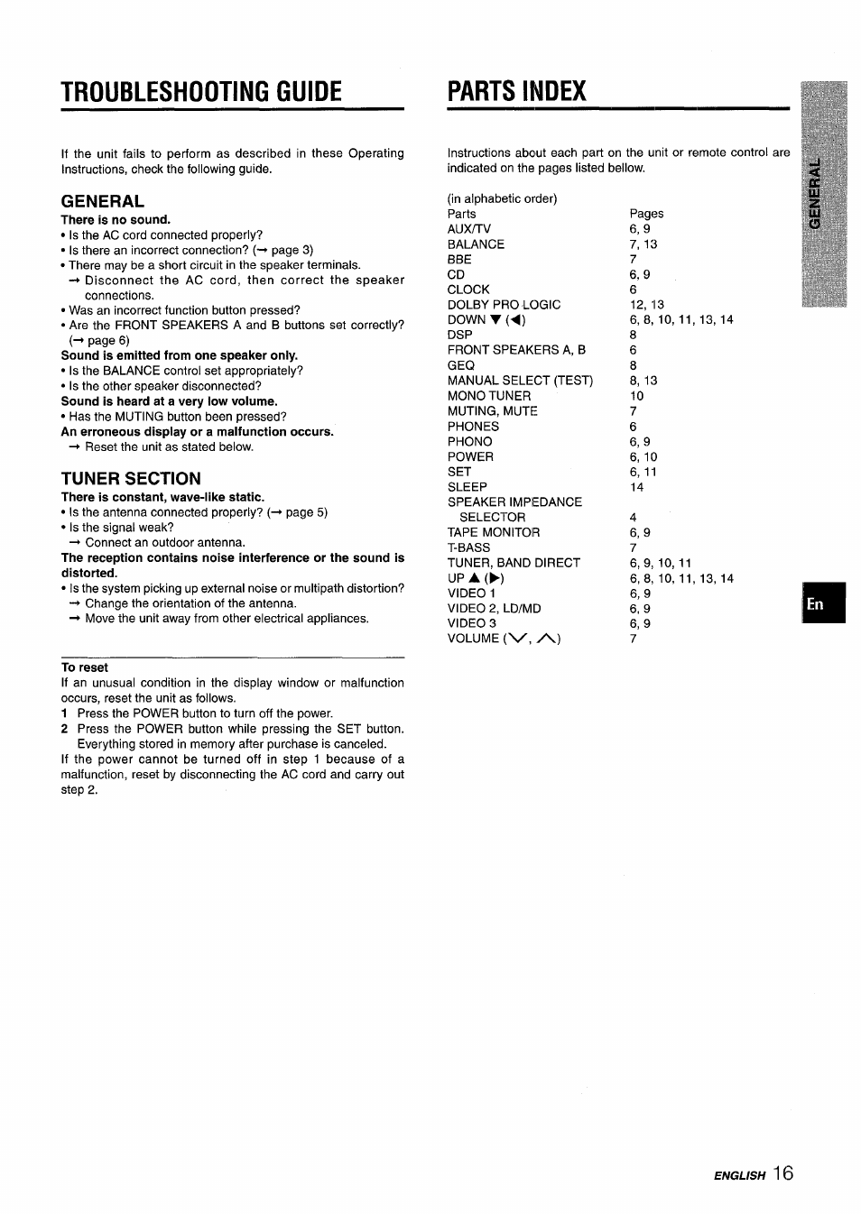 Troubleshooting guide parts index, General | Aiwa AV-X120 User Manual | Page 17 / 52