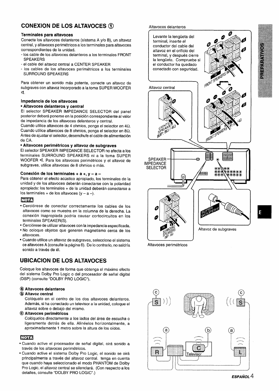 Terminales para altavoces, Impedancia de los altavoces, D altavoces delanteros (g) altavoz central | Conexion de los altavoces, Ubicacion de los altavoces | Aiwa AV-X120 User Manual | Page 21 / 52