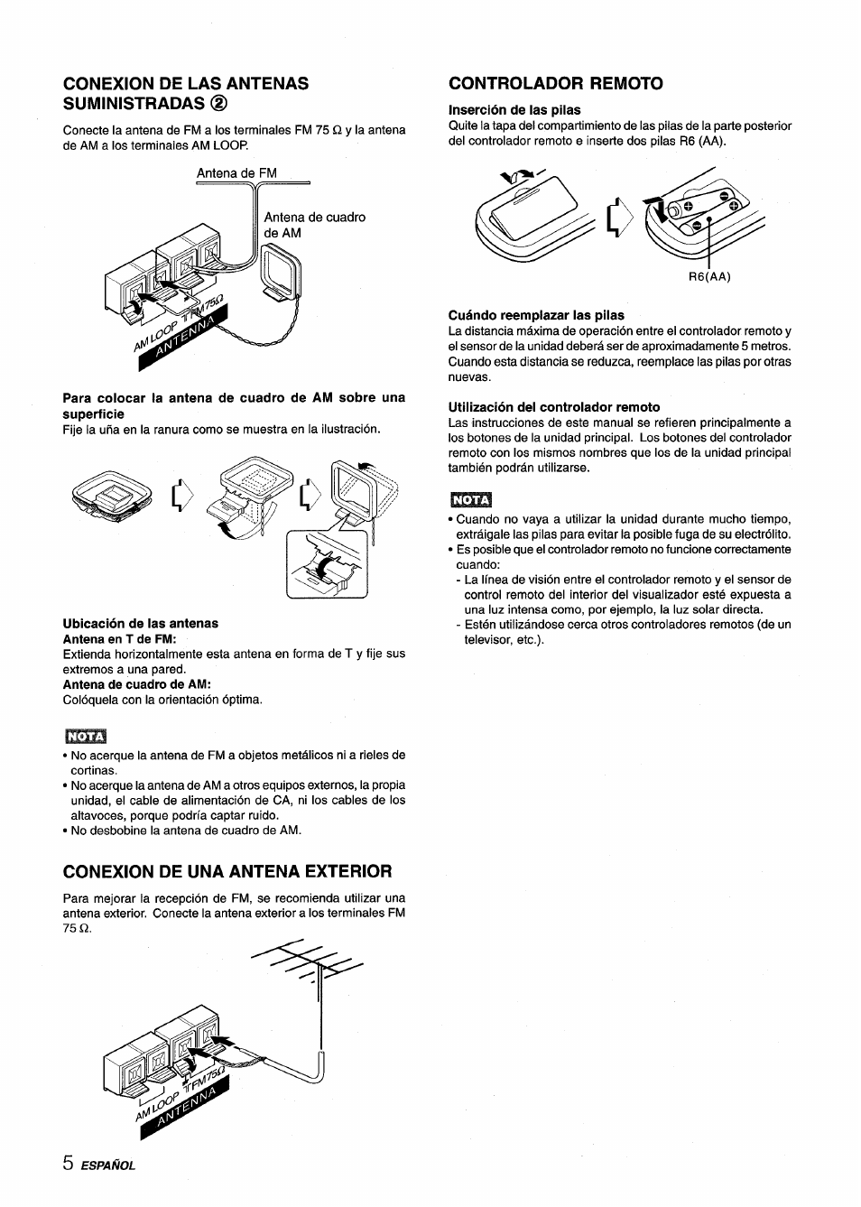 Conexion de las antenas suministradas, Ubicación de las antenas antena en t de fm, Controlador remoto | Inserción de las pilas, Cuándo reemplazar las pilas, Utilización del controlador remoto, Conexion de una antena exterior | Aiwa AV-X120 User Manual | Page 22 / 52