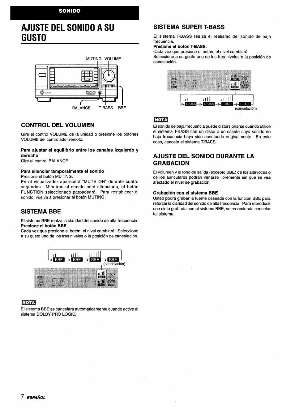Ajuste del sonido a su gusto, Sistema super t-bass, Control del volumen | Para silenciar temporalmente el sonido, Sistema bbe, Ajuste del sonido durante la grabacion, Grabación con el sistema bbe | Aiwa AV-X120 User Manual | Page 24 / 52