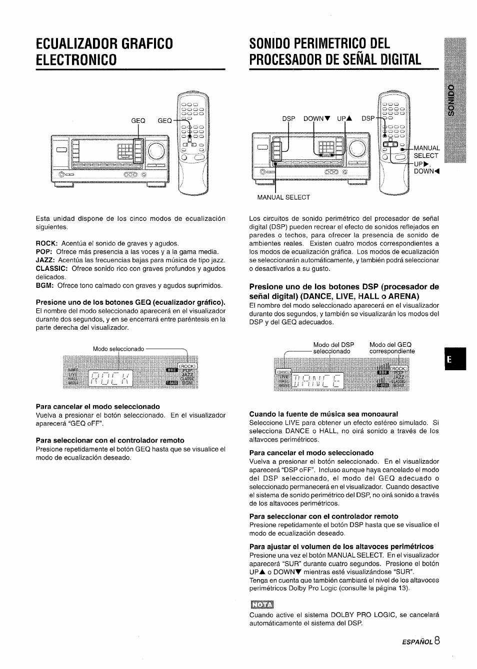 Cuando la fuente de música sea monoaural, Para cancelar el modo seleccionado, Para seleccionar con el controlador remoto | Aiwa AV-X120 User Manual | Page 25 / 52