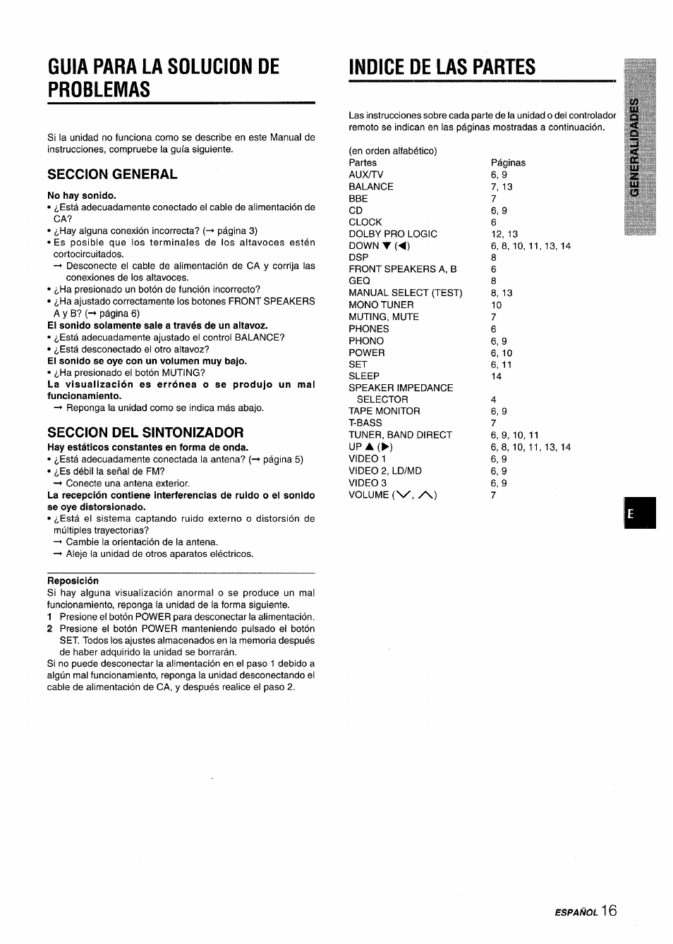 Guia para la solucion de problemas, Seccion general, Seccion del sintonizador | Indice de las partes | Aiwa AV-X120 User Manual | Page 33 / 52