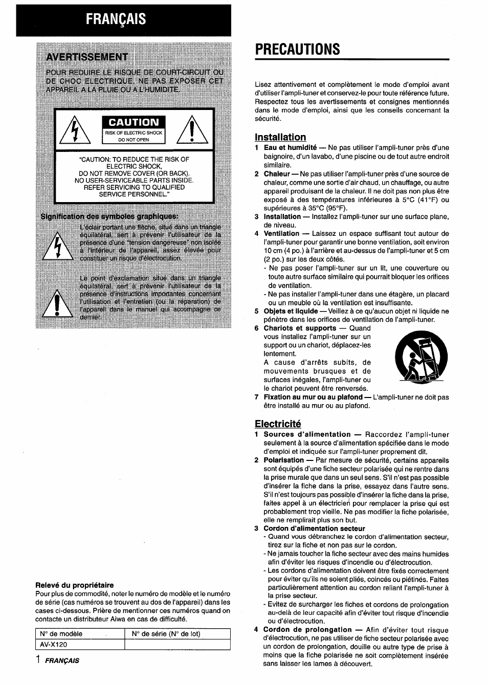 Français, Avertissement, Precautions | Caution, Signification dos symboies graphiques, Installation, Relevé du propriétaire, Electricité, 3 cordon d’alimentation secteur | Aiwa AV-X120 User Manual | Page 34 / 52