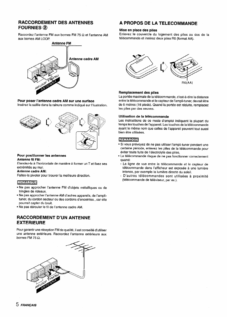 Raccordement des antennes fournies, Pour poser l’antenne cadre am sur une surface, Raccordement d’un antenne exterieure | A propos de la telecommande, Mise en place des piles, Remplacement des piles | Aiwa AV-X120 User Manual | Page 38 / 52