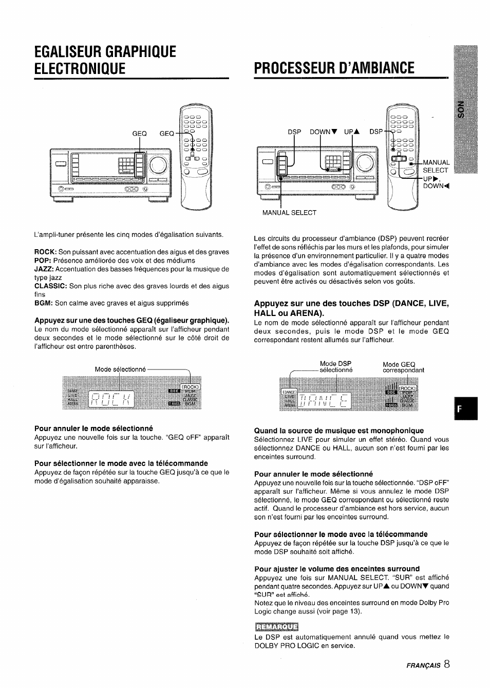 Egaliseur graphique electronique, Processeur d’ambiance, Pour annuler le mode sélectionné | Pour sélectionner le mode avec la télécommande, Quand la source de musique est monophonique, Pour ajuster le volume des enceintes surround, Südiîo | Aiwa AV-X120 User Manual | Page 41 / 52