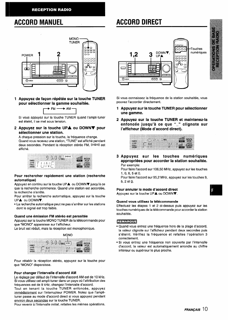 Accord manuel, Accord direct, Quand une émission fm stéréo est parasitée | Pour annuler le mode d’accord direct, Pour changer i’intervaiie d’accord am, Accord manuel accord direct | Aiwa AV-X120 User Manual | Page 43 / 52