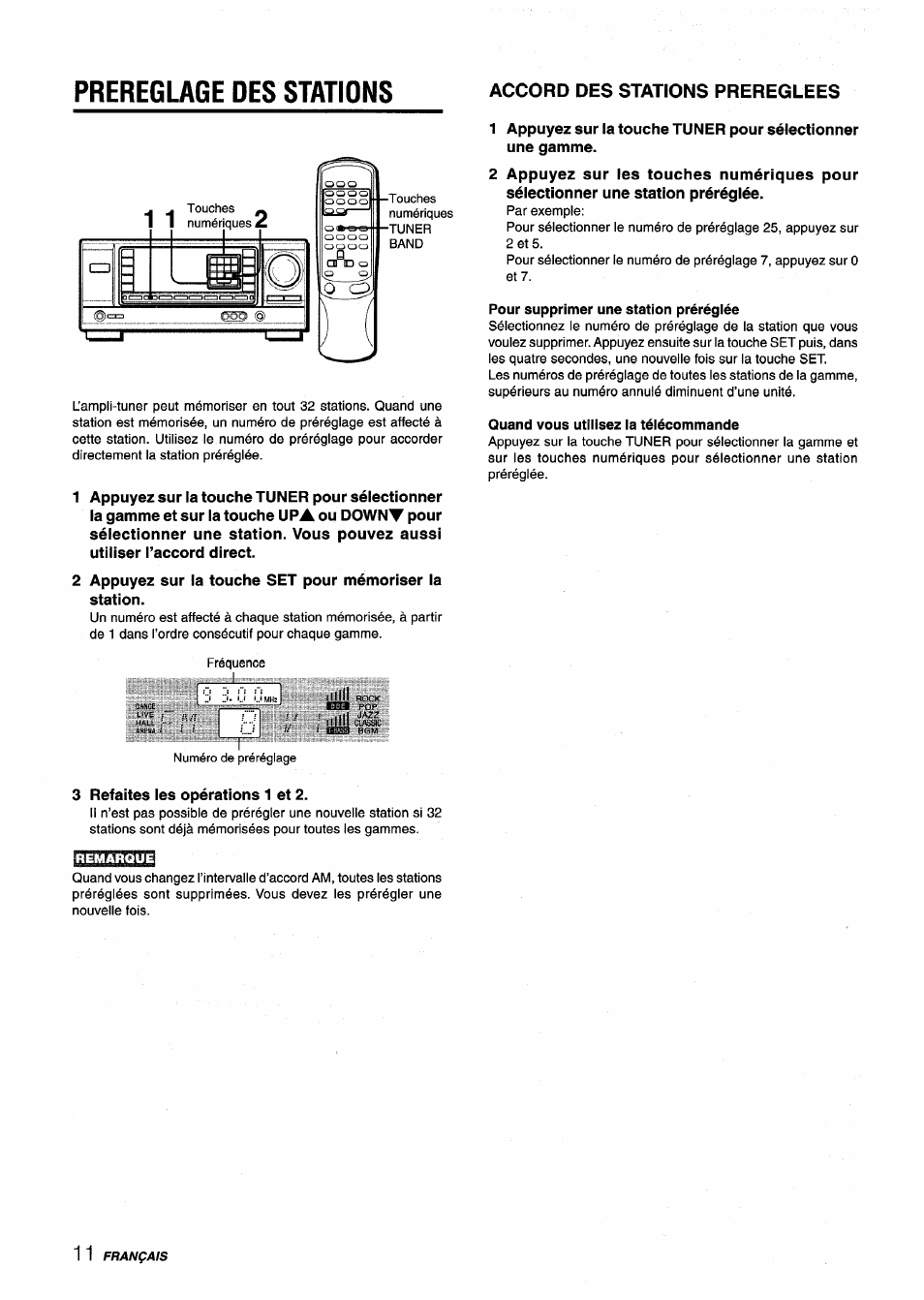 Prereglage des stations, Accord des stations prereglees, Pour supprimer une station préréglée | Quand vous utilisez la télécommande | Aiwa AV-X120 User Manual | Page 44 / 52