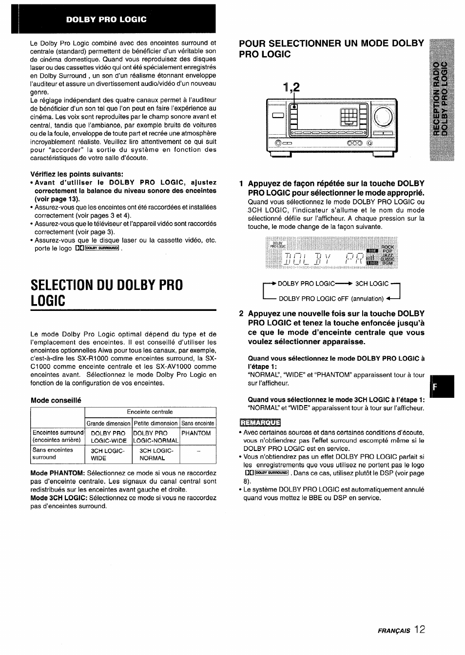 Vérifiez ies points suivants, Selection du dolby pro logic, Mode conseillé | Pour selectionner un mode dolby pro logic | Aiwa AV-X120 User Manual | Page 45 / 52