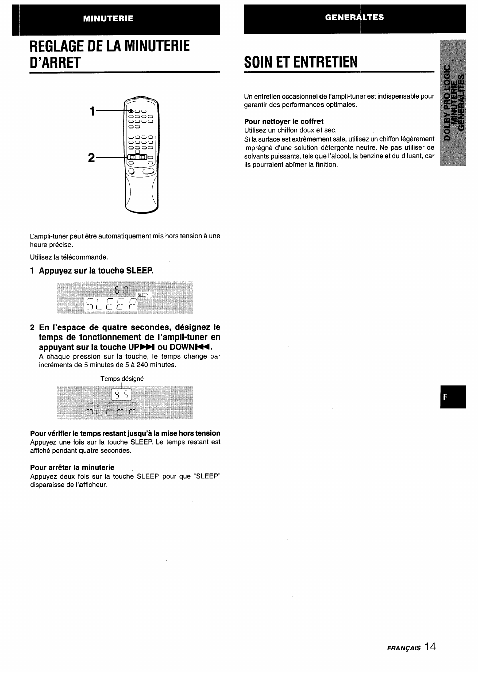 Reglage de la minuterie d’arret, Sdin et entretien, Pour nettoyer le coffret | 1 appuyez sur la touche sleep, Pour arrêter la minuterie, Reglage de la minuterie d'arret, Soin et entretien, Reglage de la minuterie d’arret sdin et entretien | Aiwa AV-X120 User Manual | Page 47 / 52