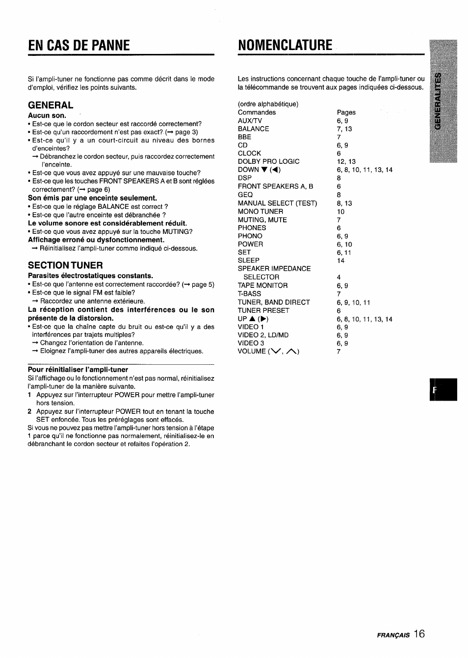 General, Section tuner, Pour réinitialiser l’ampli-tuner | En cas de panne nomenclature | Aiwa AV-X120 User Manual | Page 49 / 52