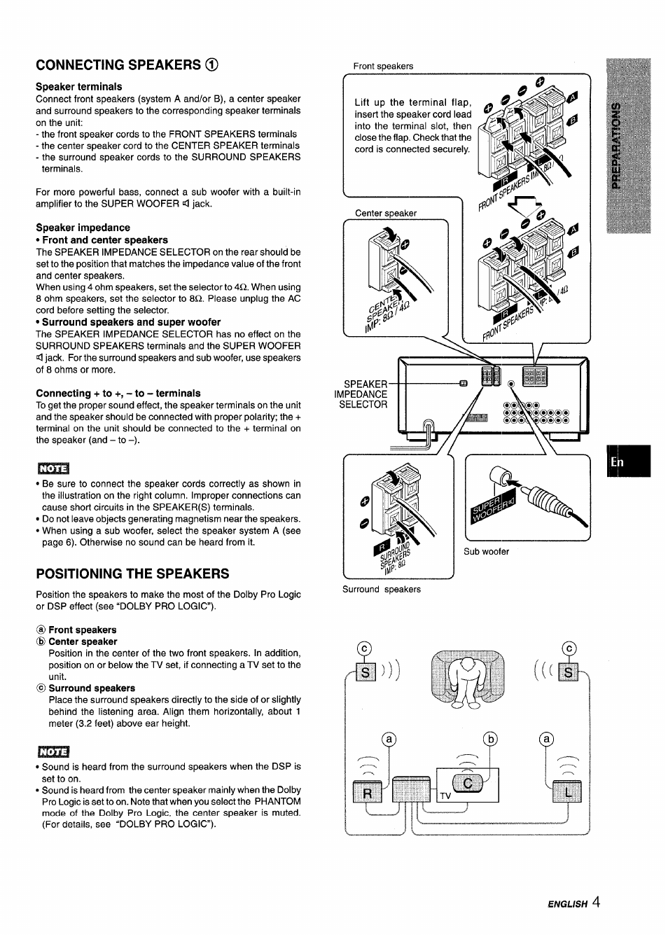 Speaker terminais, Speaker impedance, Connecting + to +, - to - terminals | Positioning the speakers, D front speakers © center speaker, Connecting speakers | Aiwa AV-X120 User Manual | Page 5 / 52