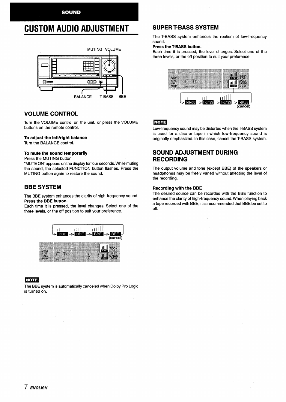 Custom audio adjustment, Volume control, To adjust the left/right balance | To mute the sound temporarily, Bbe system, Super t-bass system, Sound adjustment during recording, Recording with the bbe | Aiwa AV-X120 User Manual | Page 8 / 52