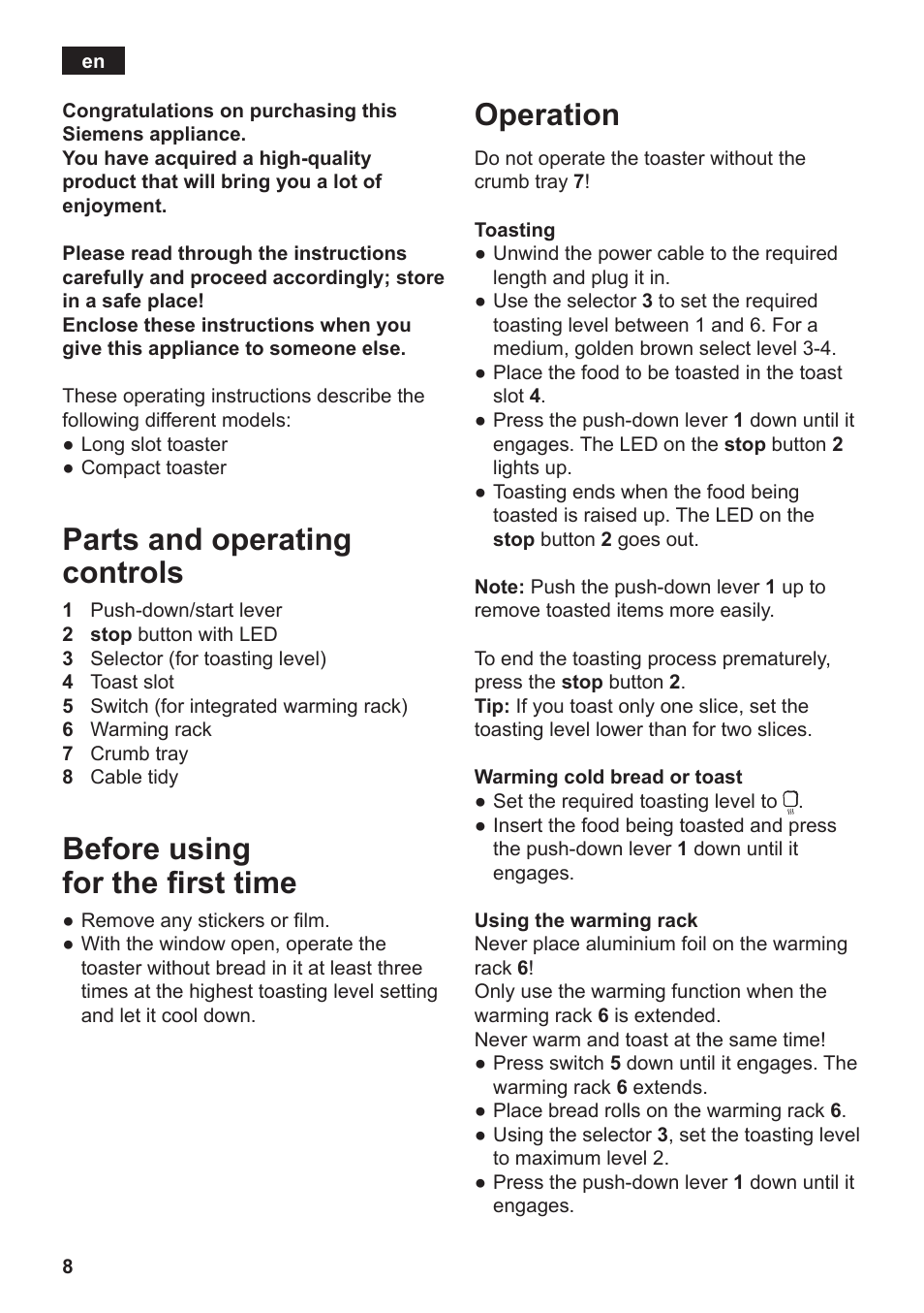 Parts and operating controls, Before using for the first time, Operation | Siemens TT3A0103 User Manual | Page 11 / 87
