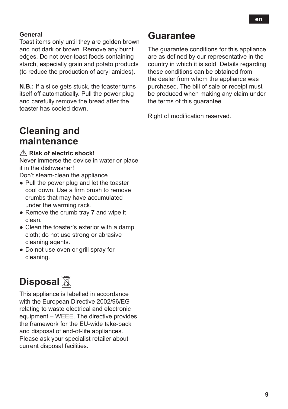 Cleaning and maintenance, Disposal, Guarantee | Siemens TT3A0103 User Manual | Page 12 / 87