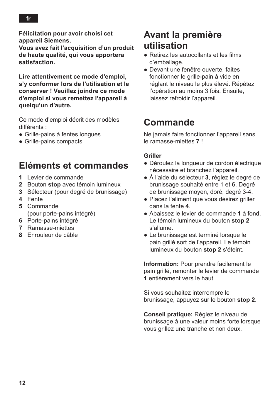 Eléments et commandes, Avant la première utilisation, Commande | Siemens TT3A0103 User Manual | Page 15 / 87