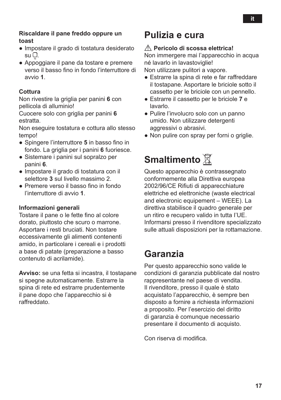 Pulizia e cura, Smaltimento, Garanzia | Siemens TT3A0103 User Manual | Page 20 / 87
