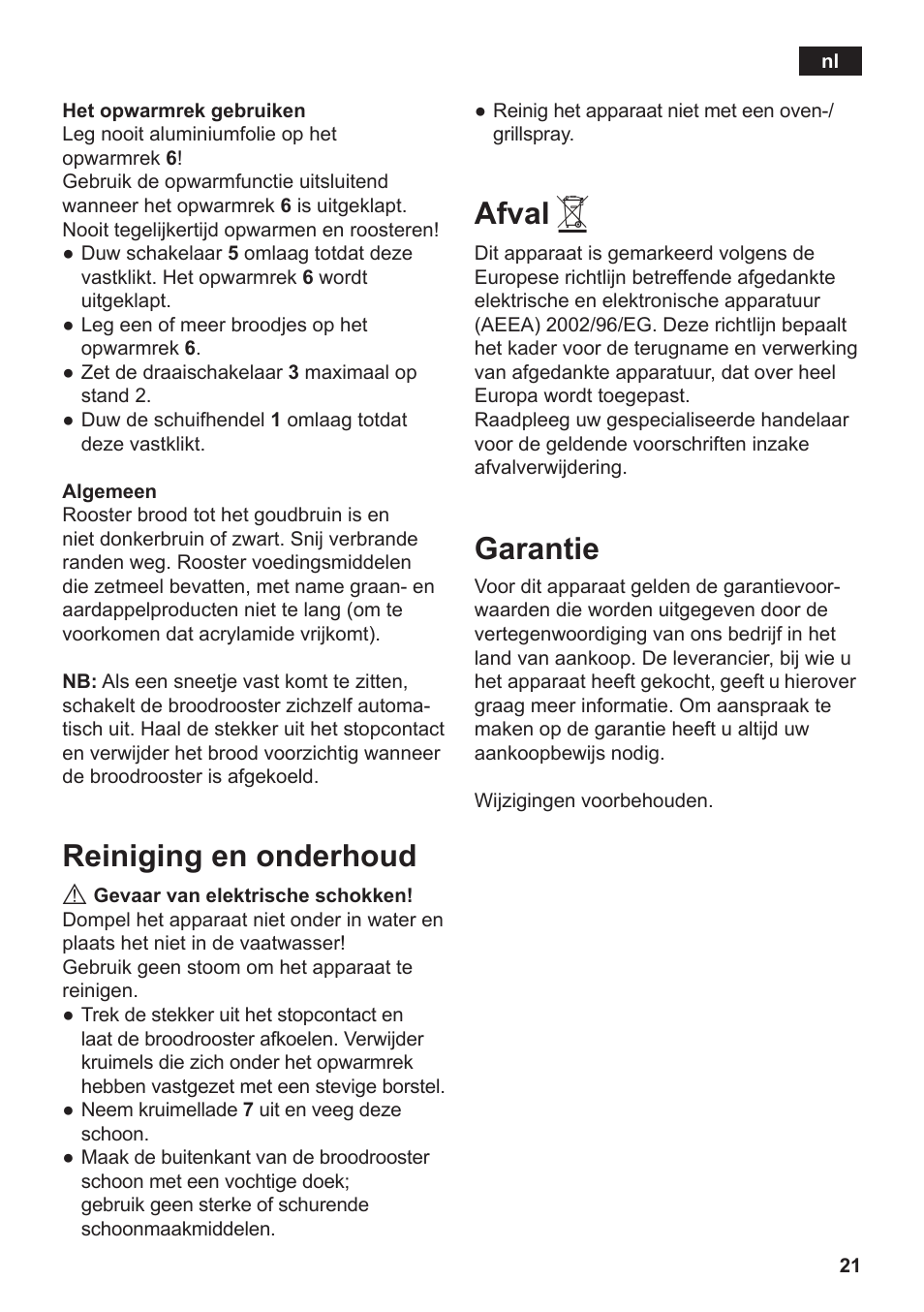 Afval, Garantie, Reiniging en onderhoud | Siemens TT3A0103 User Manual | Page 24 / 87