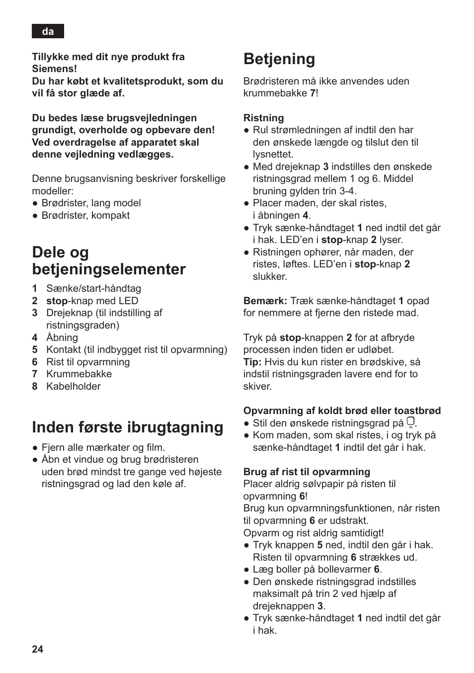 Dele og betjeningselementer, Inden første ibrugtagning, Betjening | Siemens TT3A0103 User Manual | Page 27 / 87