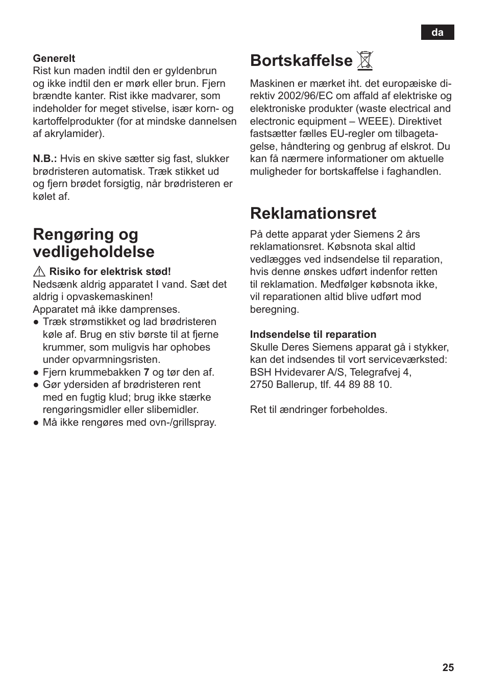 Rengøring og vedligeholdelse, Bortskaffelse, Reklamationsret | Siemens TT3A0103 User Manual | Page 28 / 87