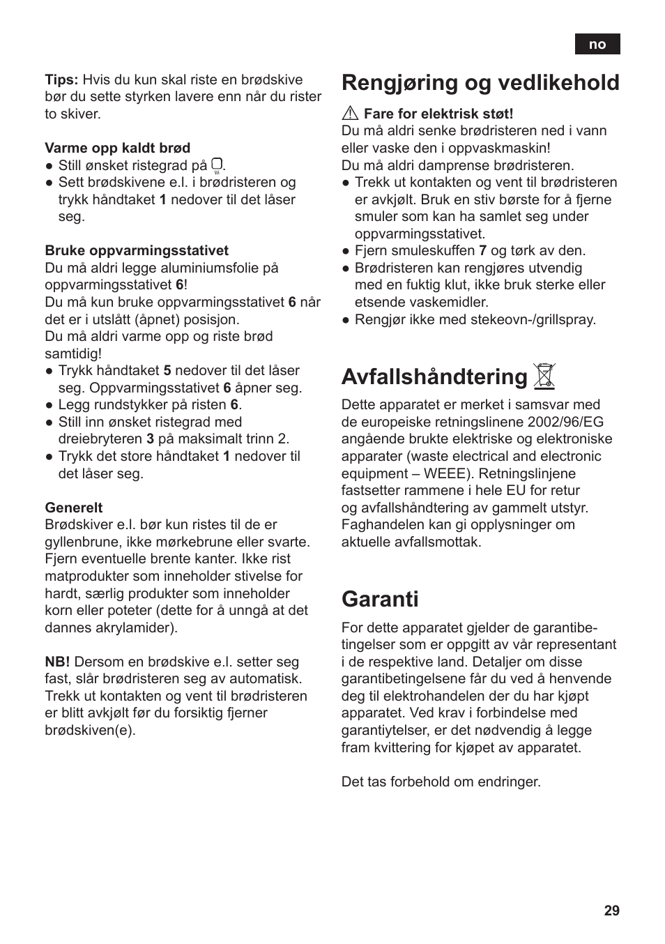 Rengjøring og vedlikehold, Avfallshåndtering, Garanti | Siemens TT3A0103 User Manual | Page 32 / 87