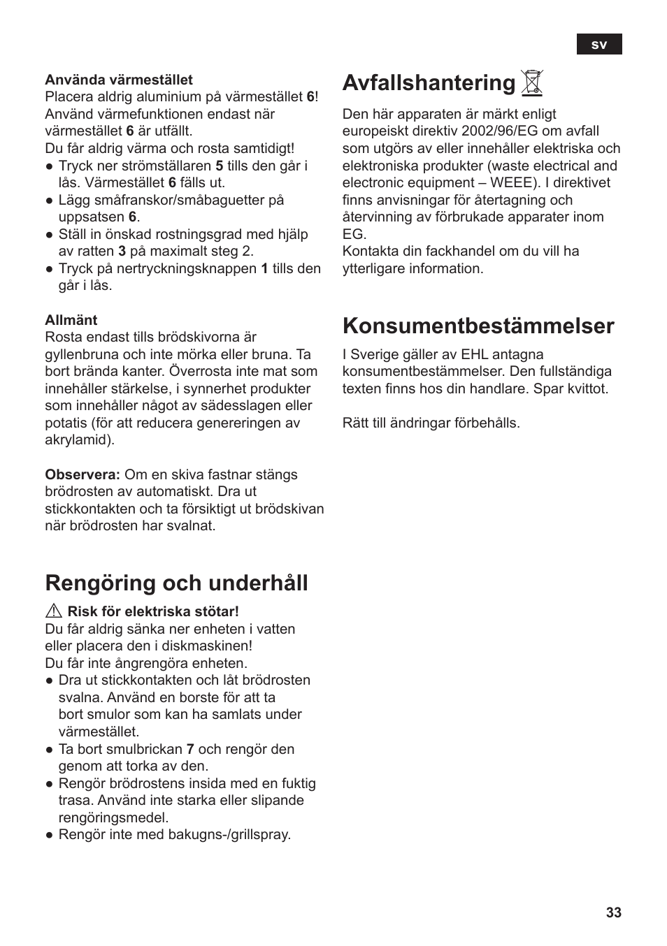 Rengöring och underhåll, Avfallshantering, Konsumentbestämmelser | Siemens TT3A0103 User Manual | Page 36 / 87