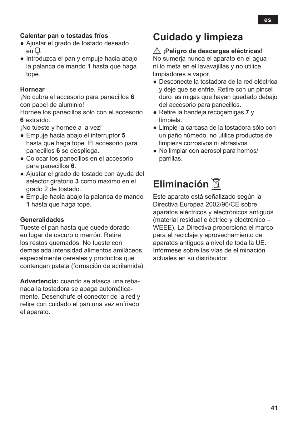 Cuidado y limpieza, Eliminación | Siemens TT3A0103 User Manual | Page 44 / 87