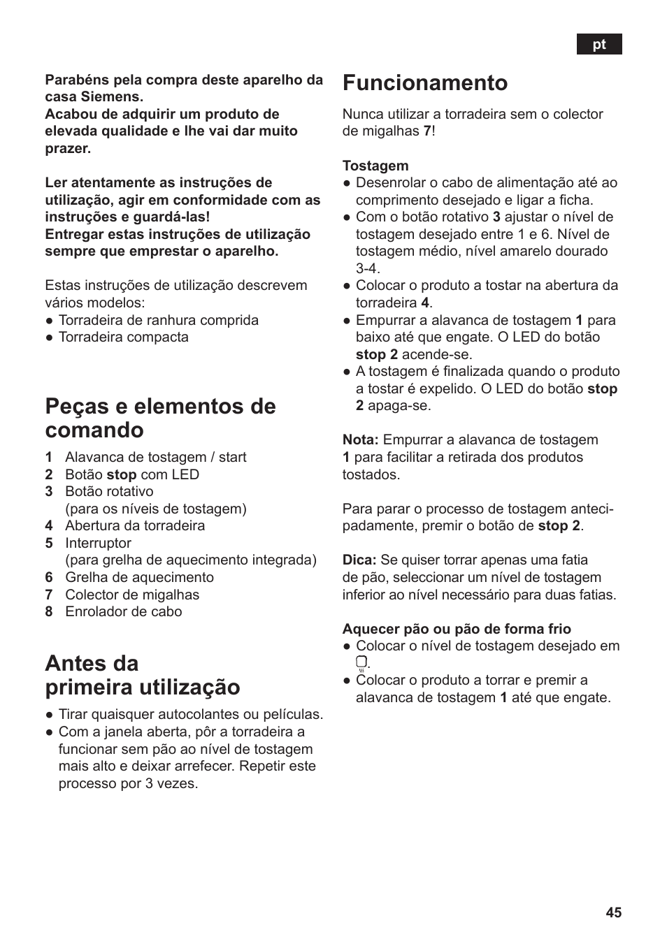 Peças e elementos de comando, Antes da primeira utilização, Funcionamento | Siemens TT3A0103 User Manual | Page 48 / 87