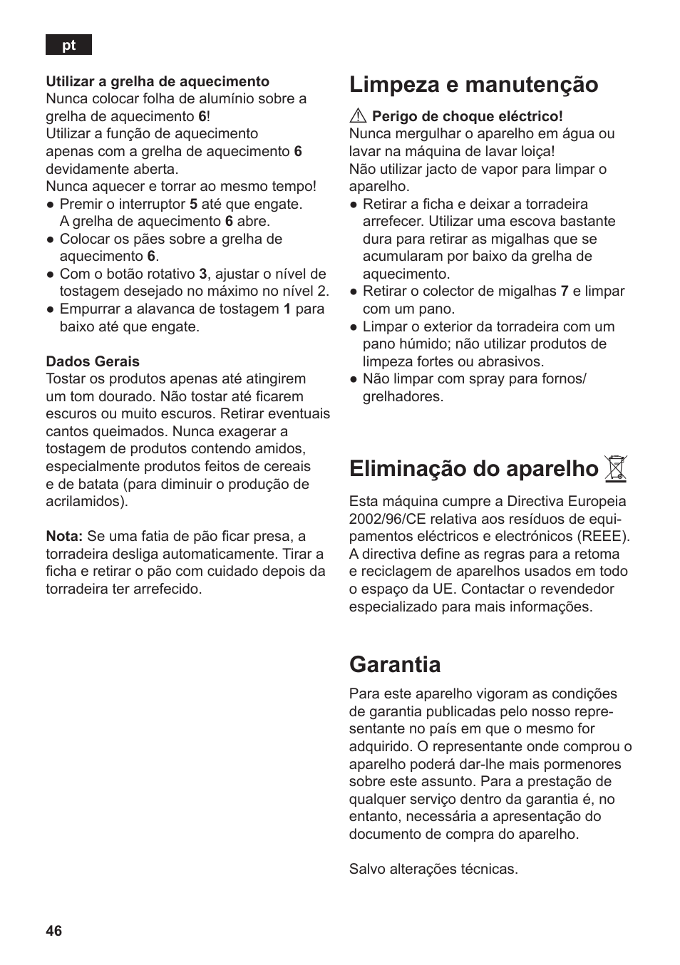 Limpeza e manutenção, Eliminação do aparelho, Garantia | Siemens TT3A0103 User Manual | Page 49 / 87