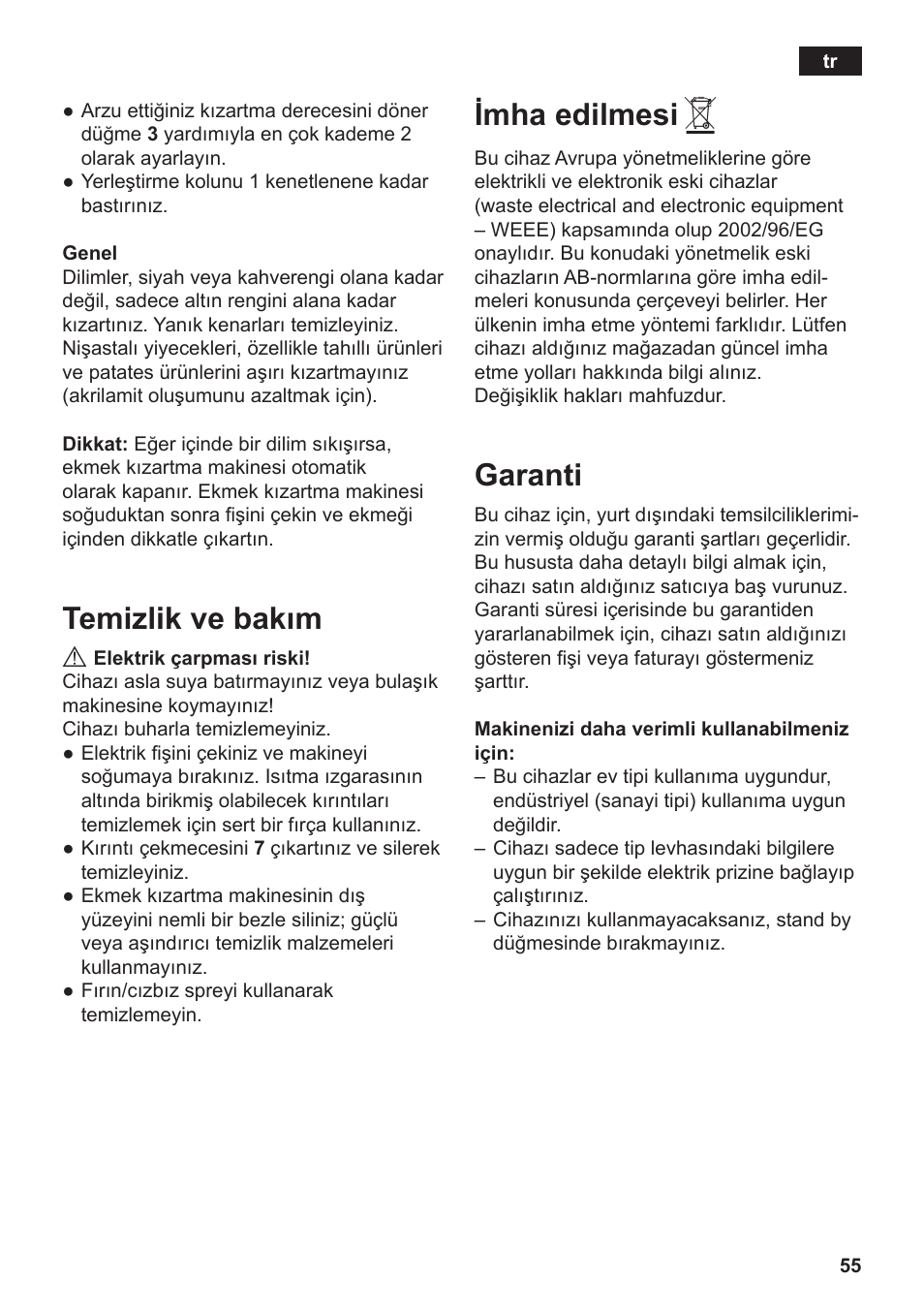 Imha edilmesi, Garanti, Temizlik ve bakım | Siemens TT3A0103 User Manual | Page 58 / 87