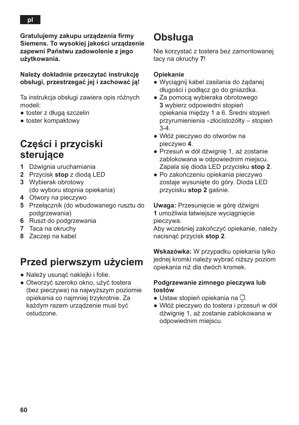 Części i przyciski sterujące, Przed pierwszym użyciem, Obsługa | Siemens TT3A0103 User Manual | Page 63 / 87